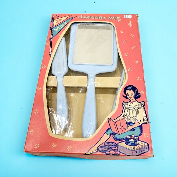 Jr. Miss Other - Rare Vintage Jr. Miss Plastic Blue Kid Vanity Set Original Box Brush Comb Mirror